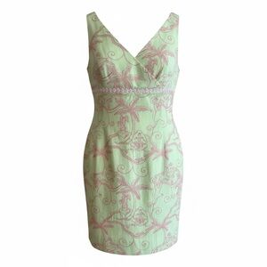 VTG Lilly Pulitzer Dress Womens 4 Green Pink Print V Neck Shift Sundress Beach